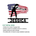 Cut-metal billiards sign featuring a female pool player and patriotic American flag design