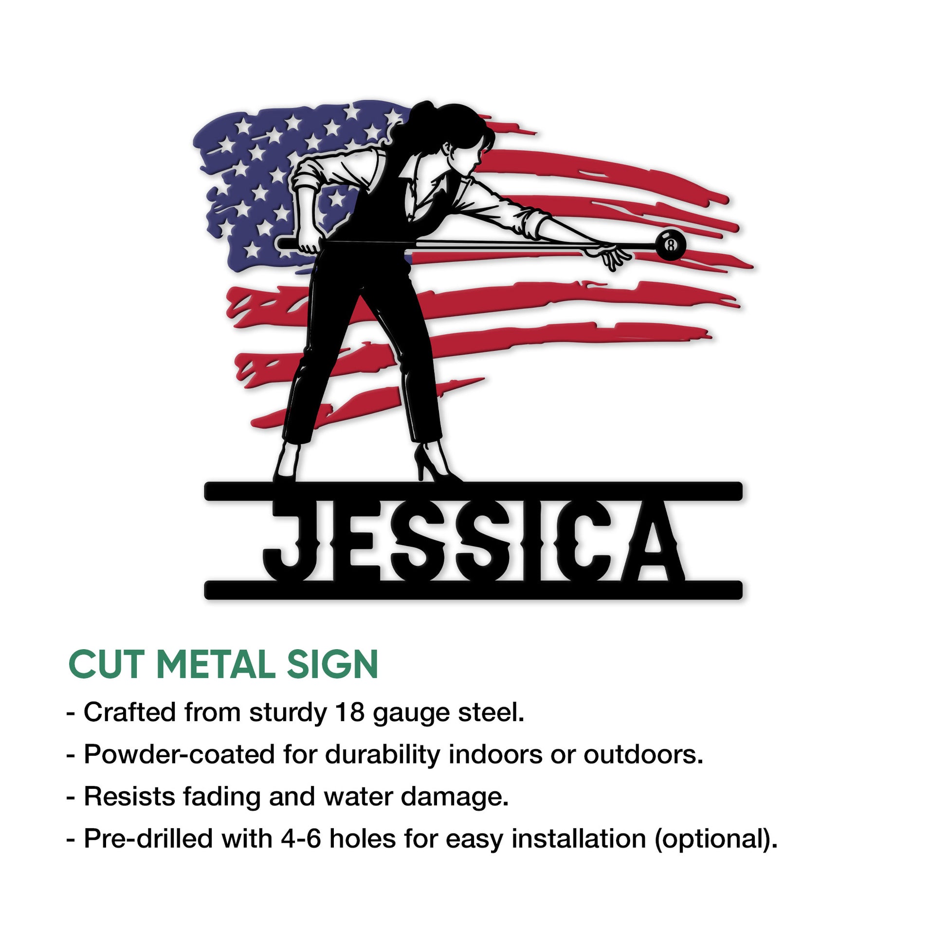 Cut-metal billiards sign featuring a female pool player and patriotic American flag design