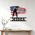 Patriotic pool player metal sign displayed as billiards wall decor in a bright home interior