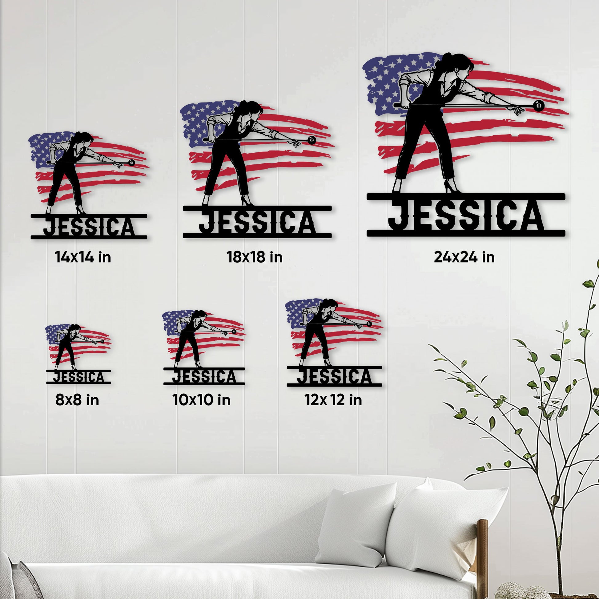 Billiards metal sign size guide showing the patriotic pool player design in six available sizes