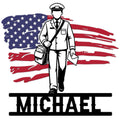 Mail carrier metal sign featuring a uniformed postal worker carrying letters in front of an American flag