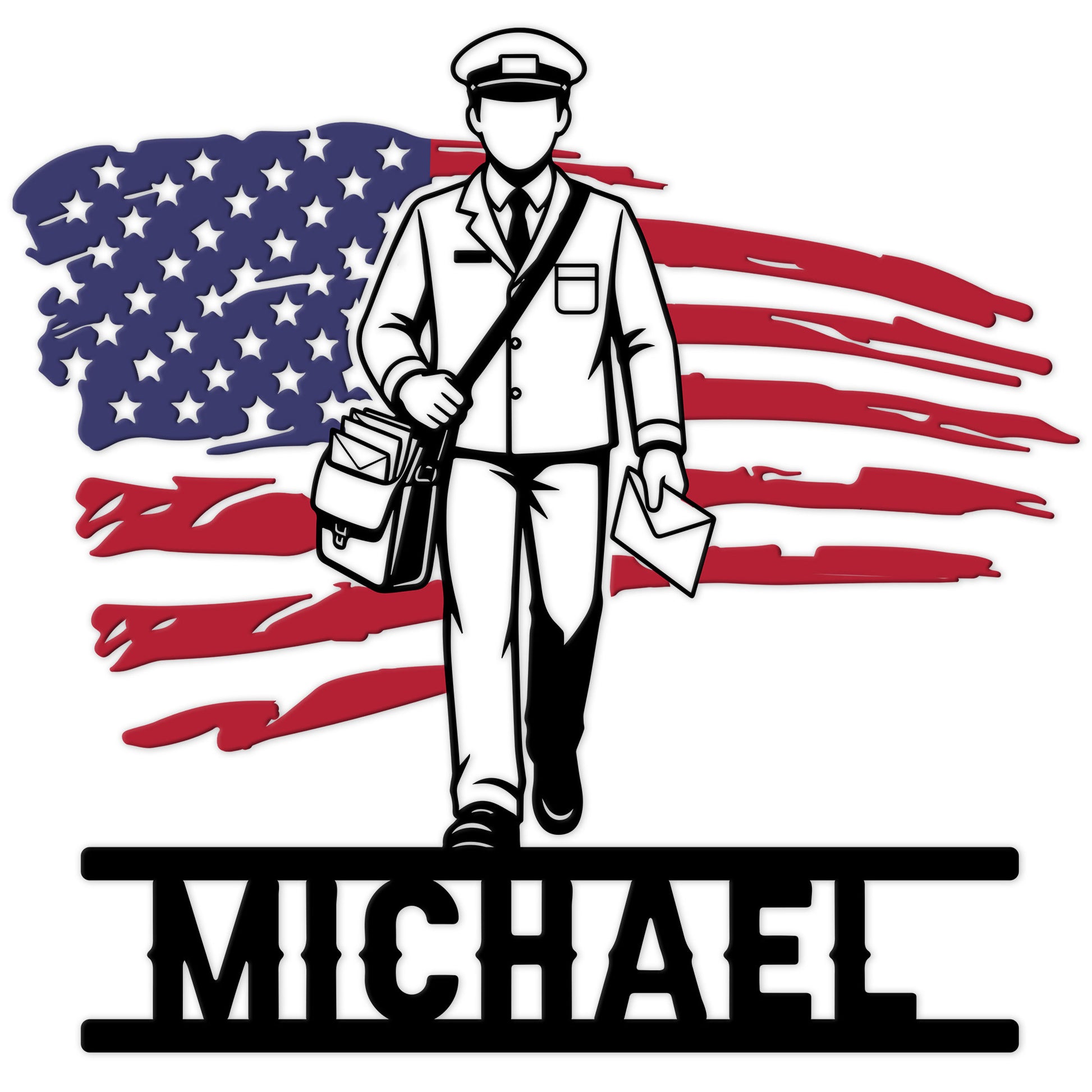 Mail carrier metal sign featuring a uniformed postal worker carrying letters in front of an American flag