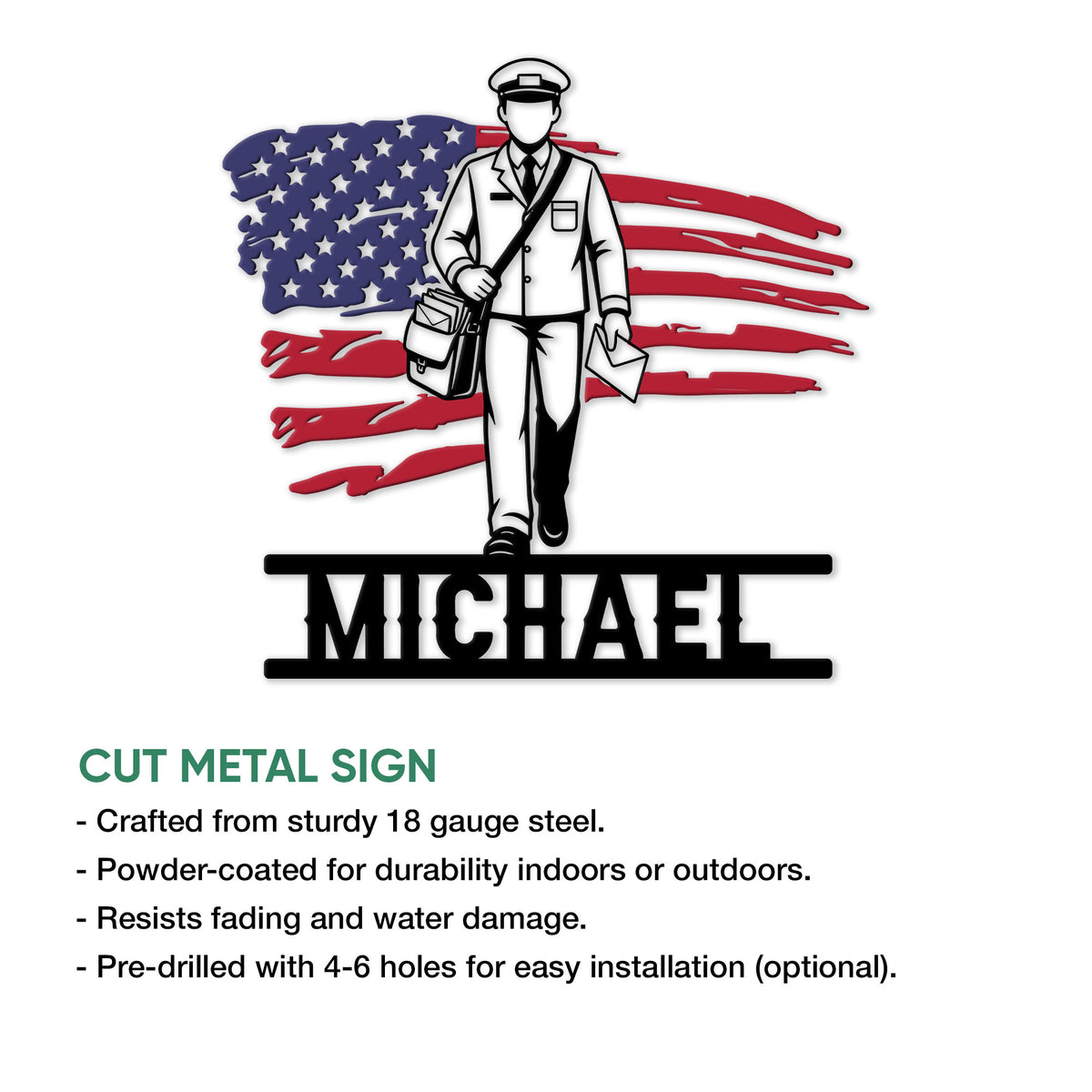 Postal worker metal sign feature graphic showing the mail carrier design and product presentation details