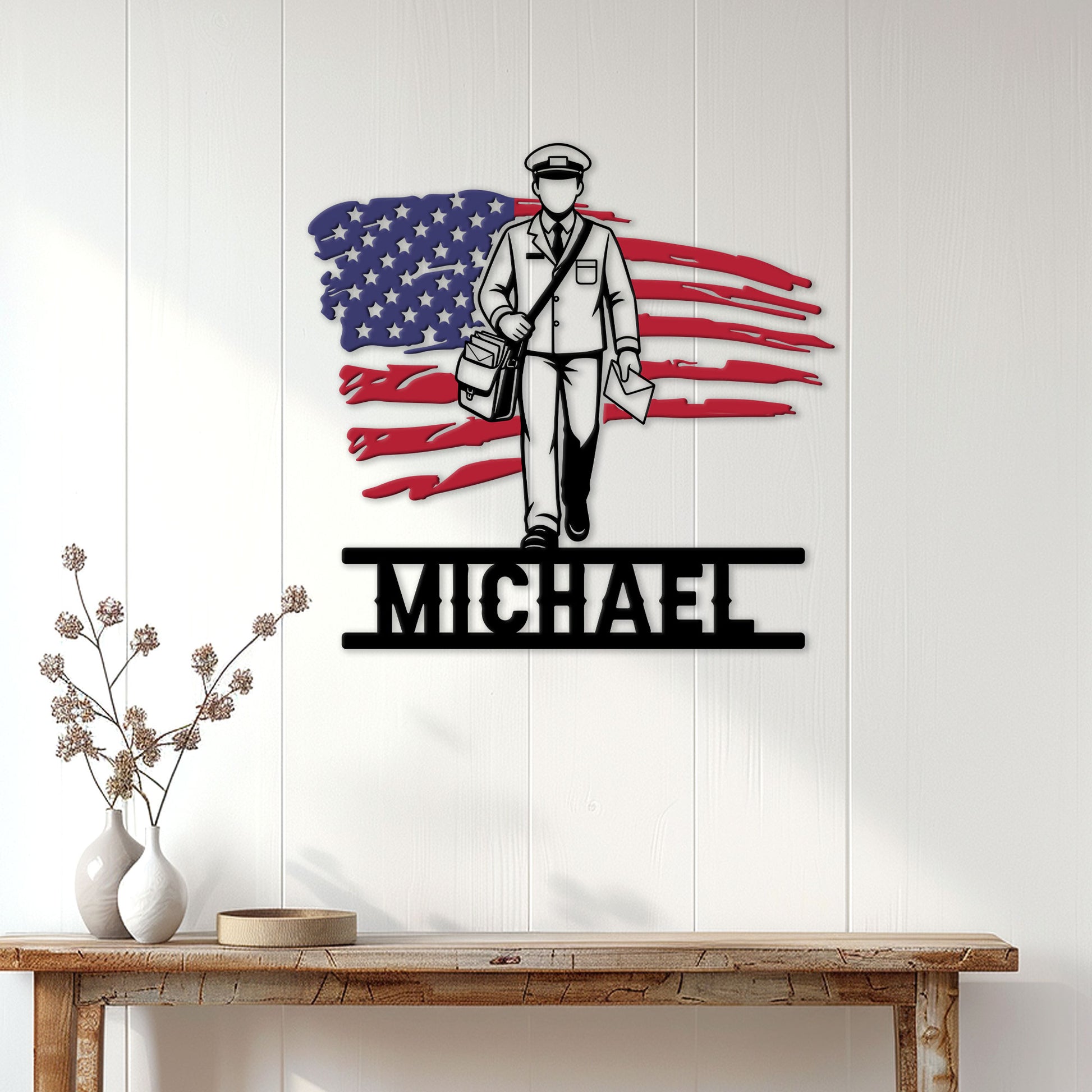 Mail carrier wall sign displayed on a light wood-paneled wall above a console table