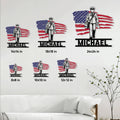 Postal worker metal sign size guide showing multiple square size options above a living room sofa