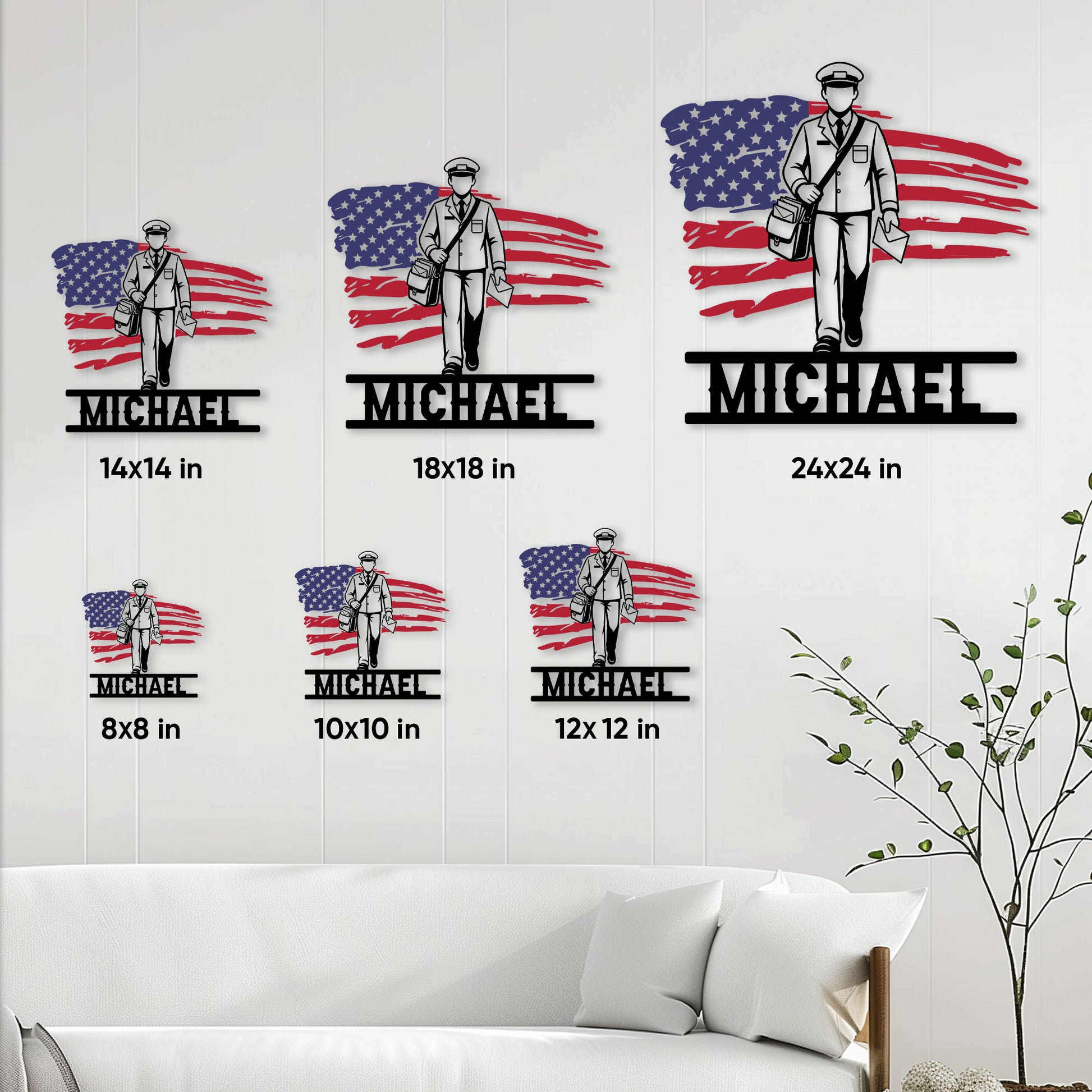 Postal worker metal sign size guide showing multiple square size options above a living room sofa