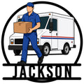 Custom postal worker metal sign featuring a mail carrier holding a package beside a delivery van