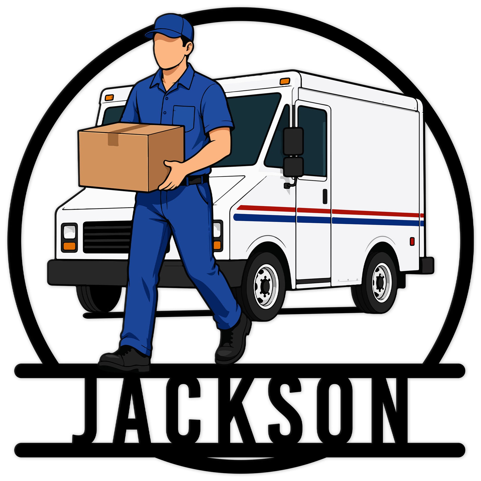 Custom postal worker metal sign featuring a mail carrier holding a package beside a delivery van
