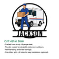 Postal worker metal sign feature graphic showing a package delivery scene and circular cutout design