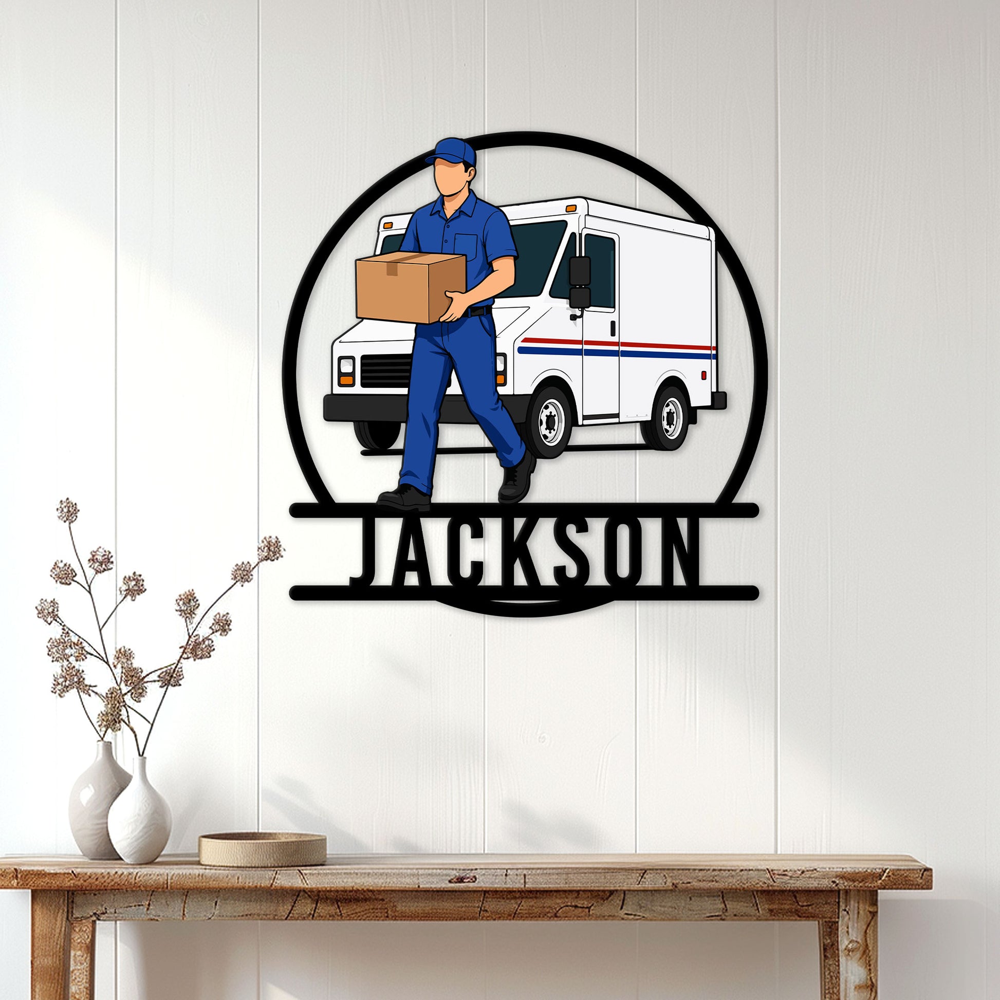 Postal worker metal sign displayed on a bright entryway wall above a rustic console table
