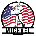 Custom postal worker metal sign featuring a mail carrier holding a package against an American flag