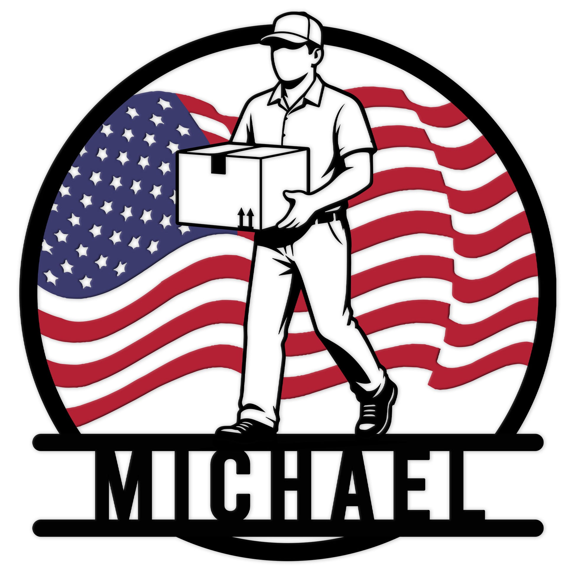 Custom postal worker metal sign featuring a mail carrier holding a package against an American flag
