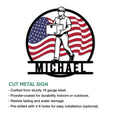 Postal worker metal sign shown as a cut metal design with a mail carrier and patriotic flag artwork