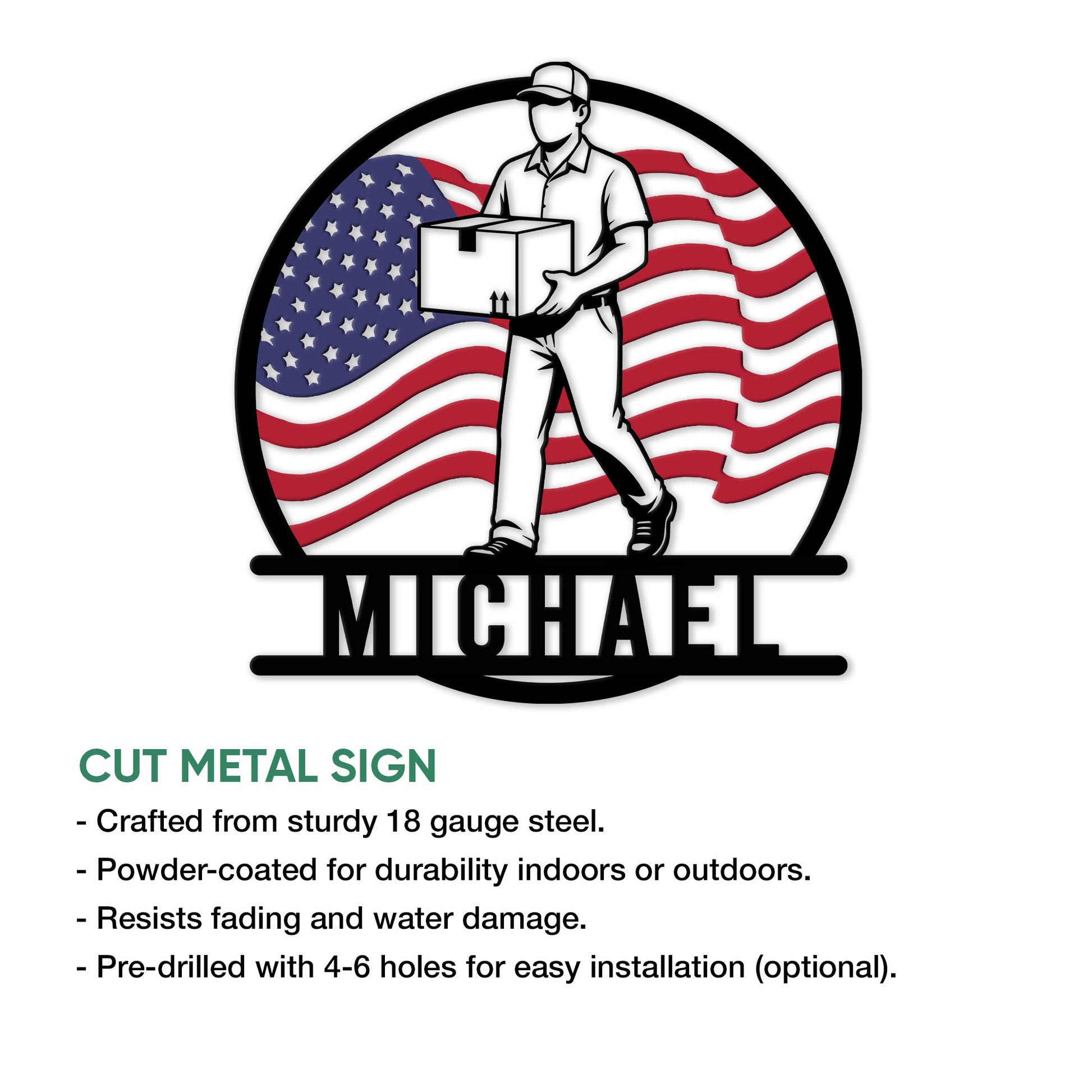 Postal worker metal sign shown as a cut metal design with a mail carrier and patriotic flag artwork