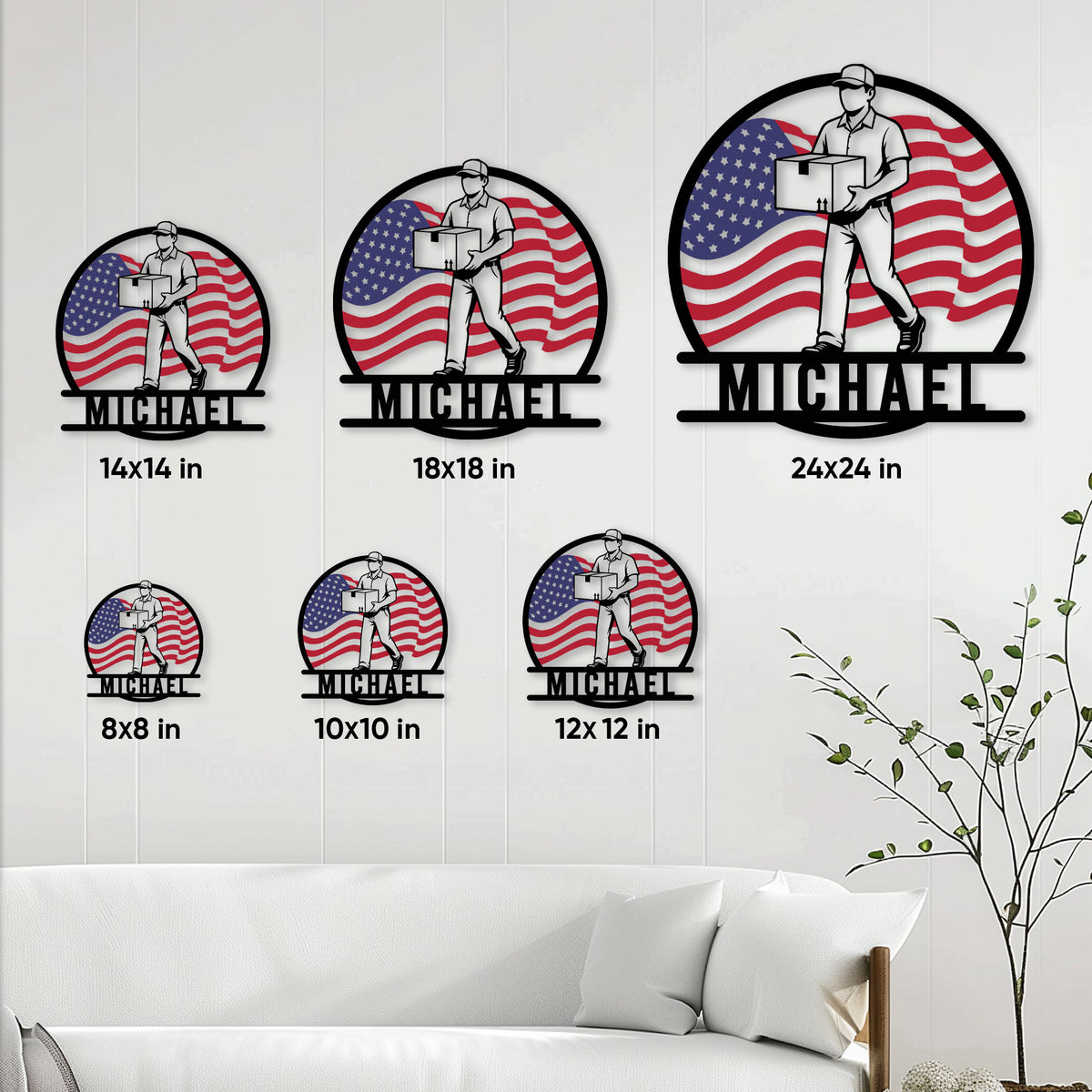 Postal worker metal sign size guide showing 8, 10, 12, 14, 18, and 24 inch options