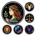 Custom zodiac metal sign collection featuring colorful astrology symbols against a starry black background