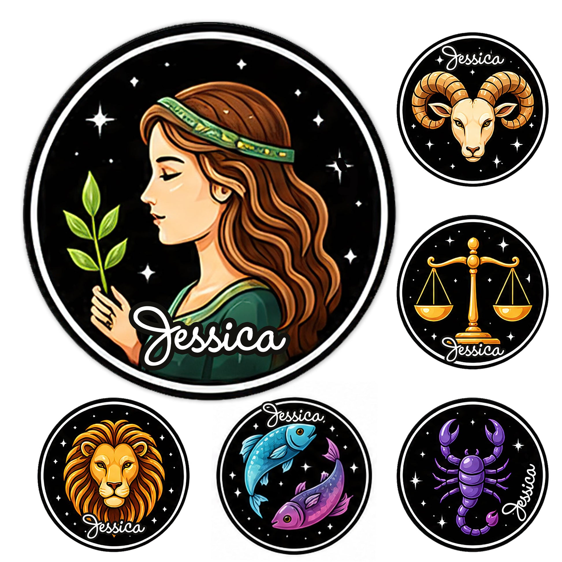 Custom zodiac metal sign collection featuring colorful astrology symbols against a starry black background