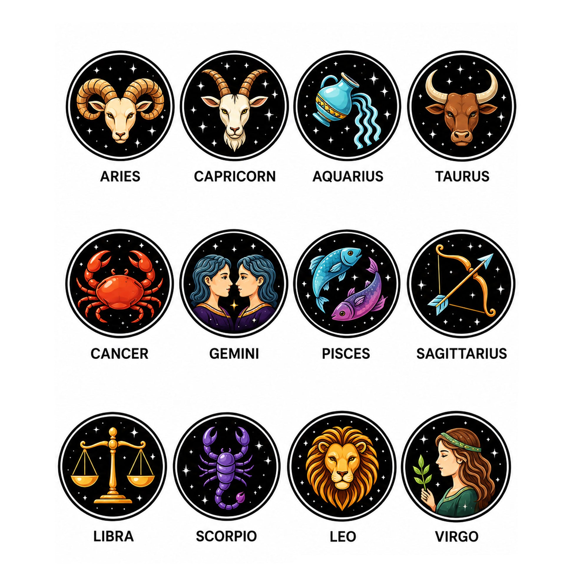 Zodiac style selection guide showing twelve astrology artwork options, including Aries, Libra, Scorpio, Leo, and Virgo