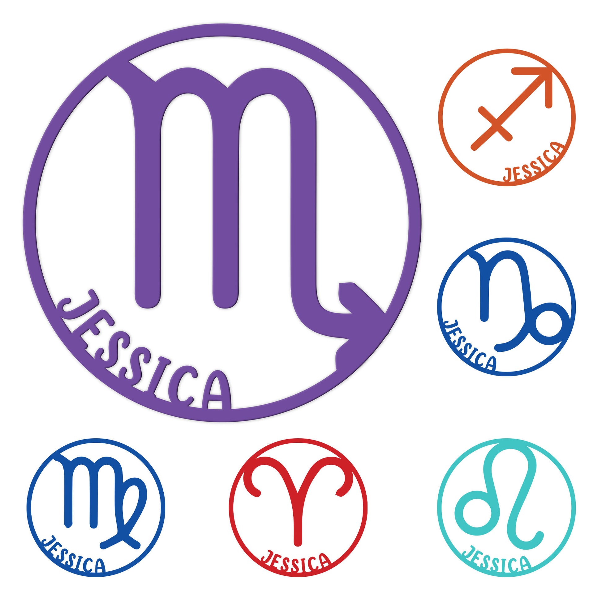 Custom zodiac metal sign design shown with multiple colorful astrological symbols and circular name examples