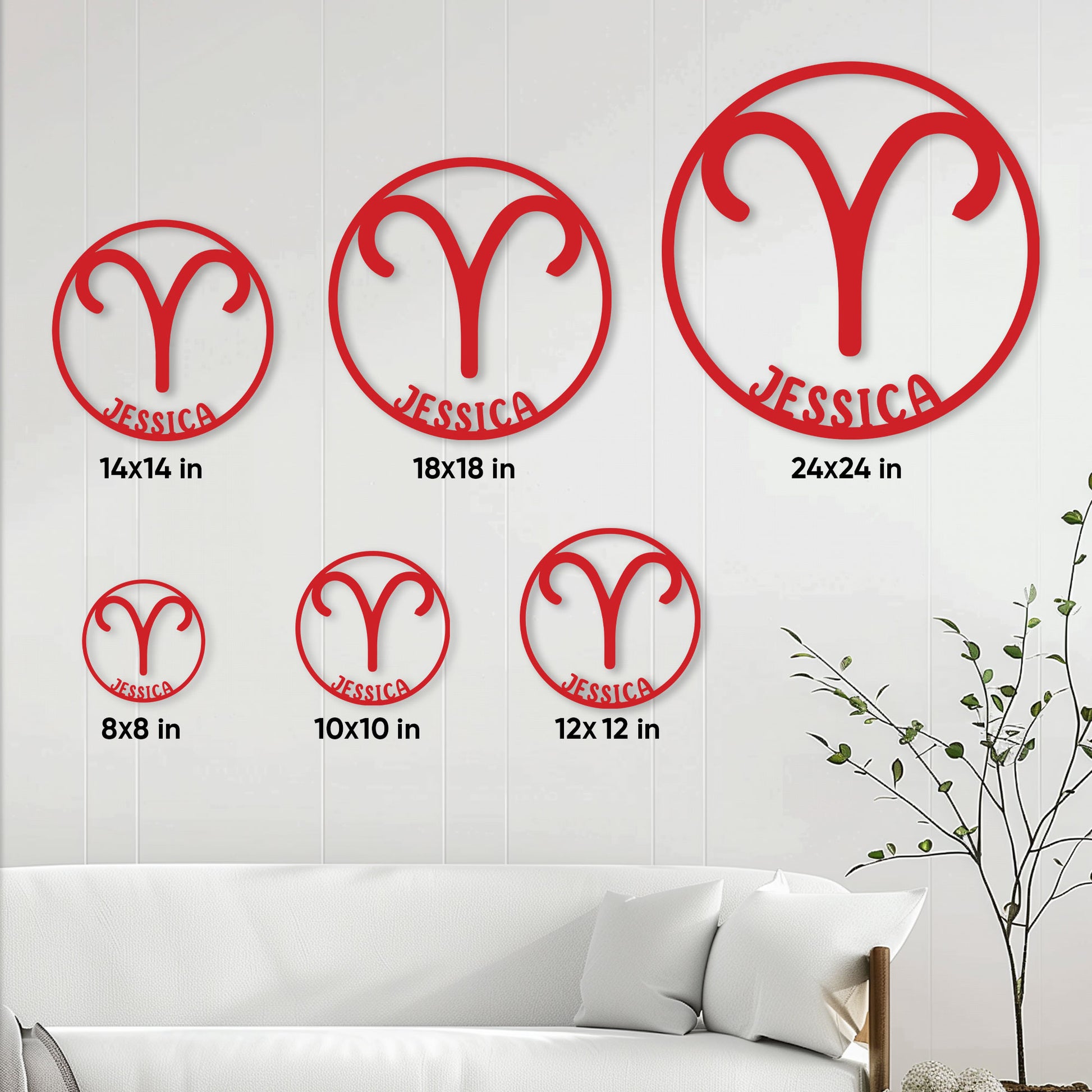 Aries zodiac metal sign shown in multiple size options from 8 by 8 to 24 by 24 inches