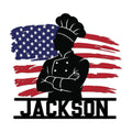 Custom chef metal sign featuring a bold cook silhouette against a distressed American flag design