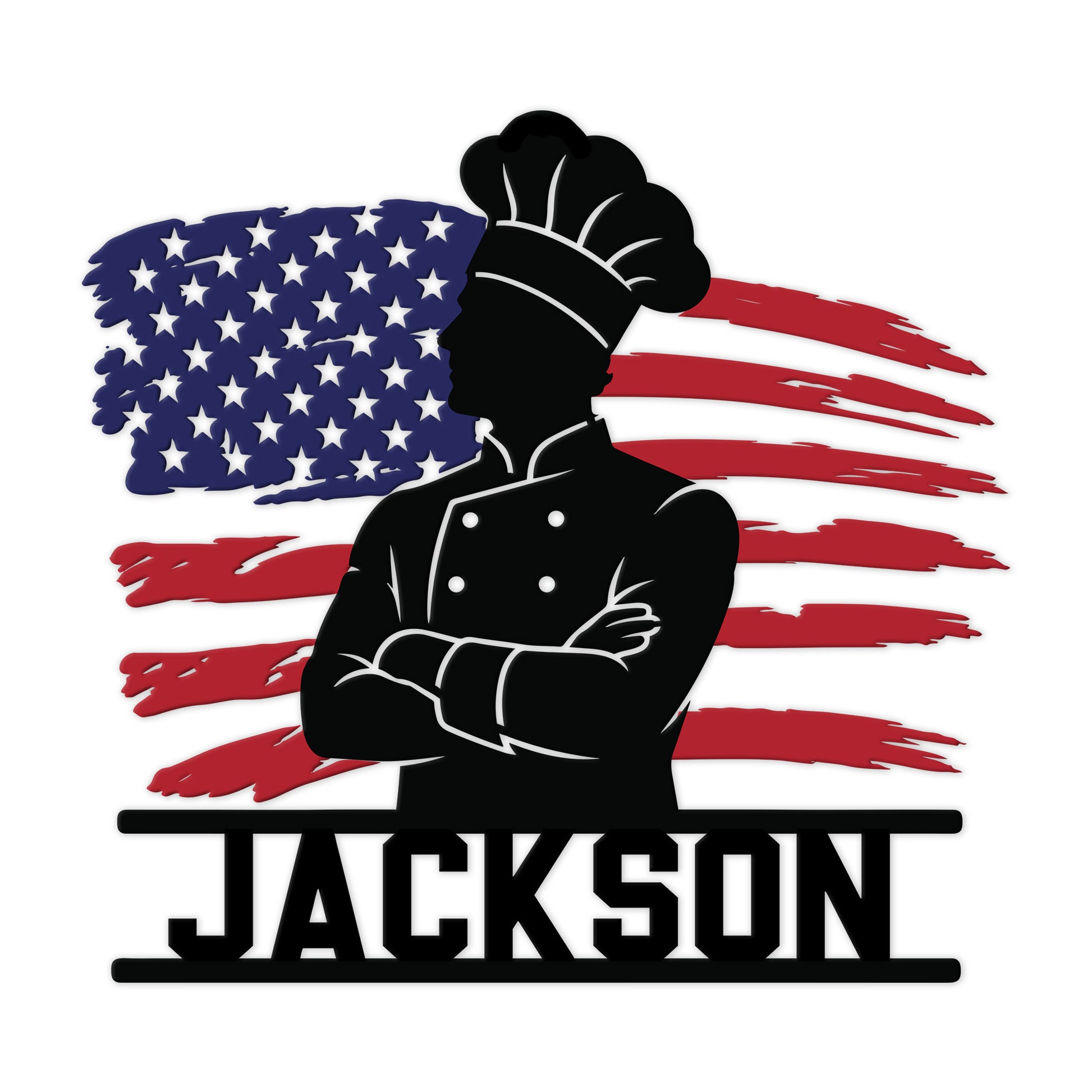 Custom chef metal sign featuring a bold cook silhouette against a distressed American flag design