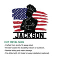 Chef silhouette metal sign with patriotic American flag artwork shown as a cut metal wall decor design