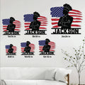 Chef American flag metal sign shown in multiple size options against a bright home interior backdrop
