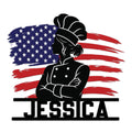 Custom chef metal sign featuring a woman cook silhouette against a distressed American flag