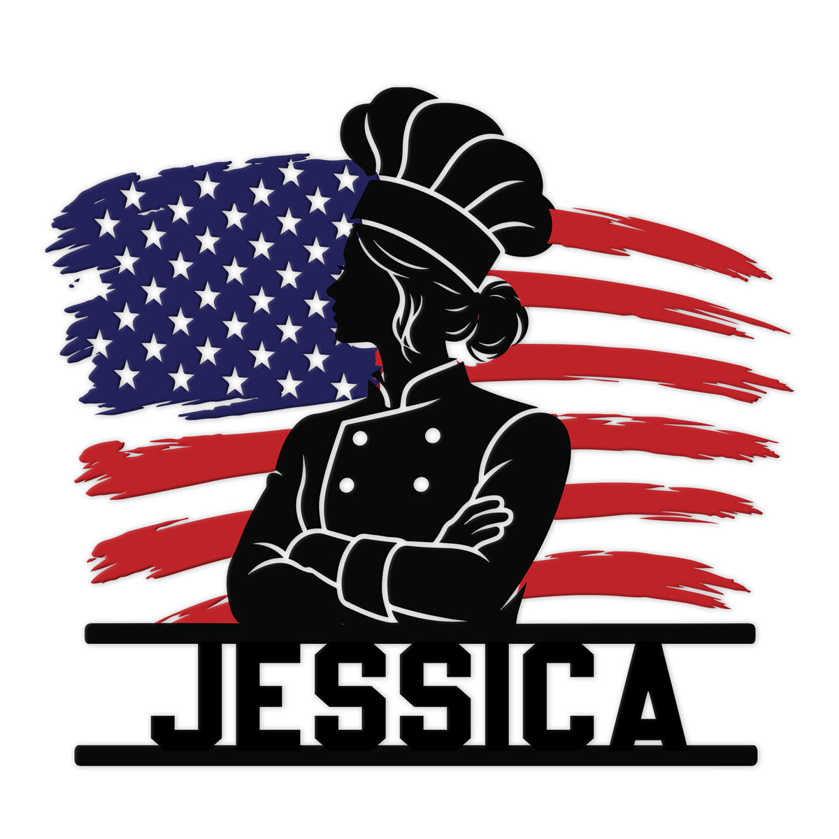 Custom chef metal sign featuring a woman cook silhouette against a distressed American flag