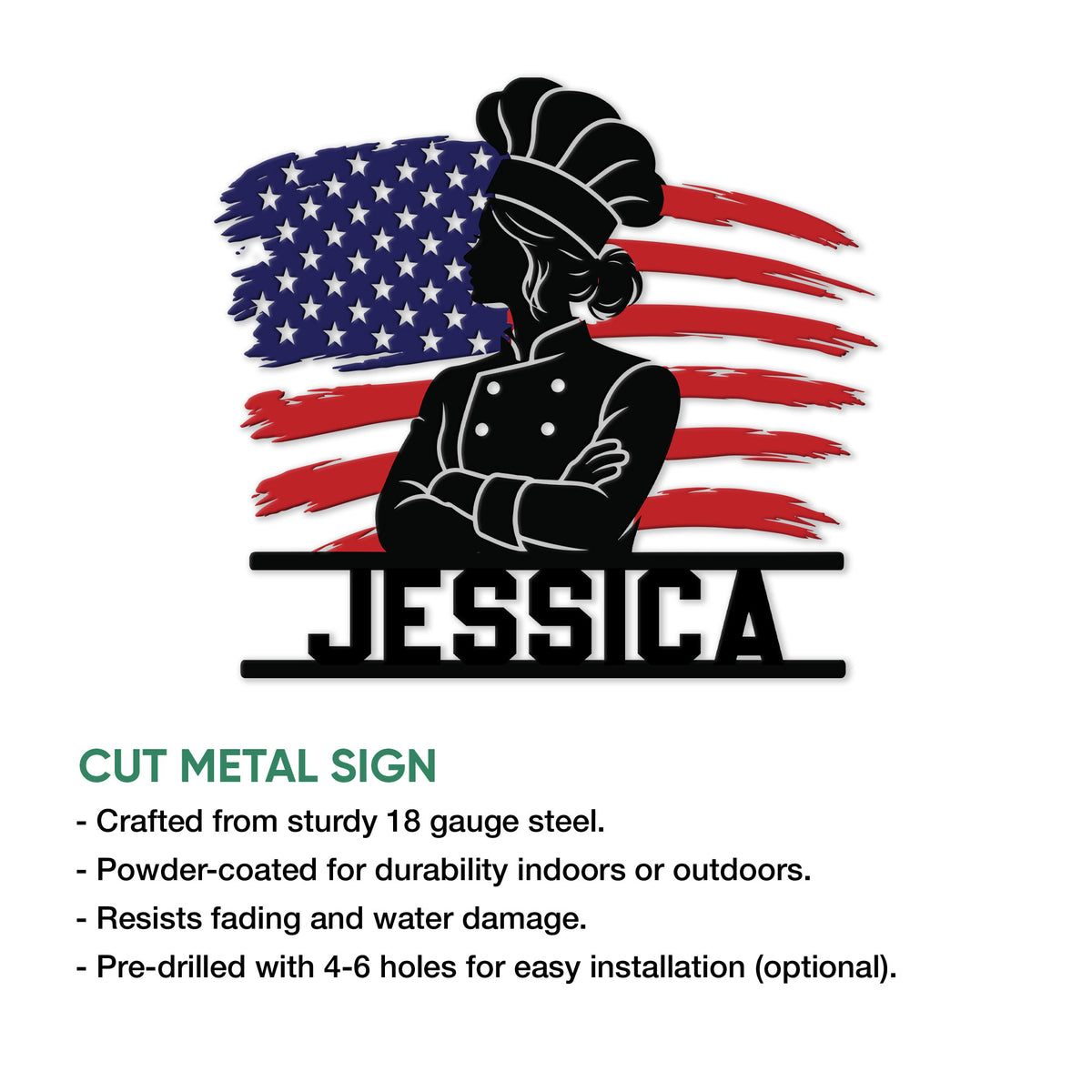 Patriotic chef metal sign shown in a product feature graphic for kitchen wall decor