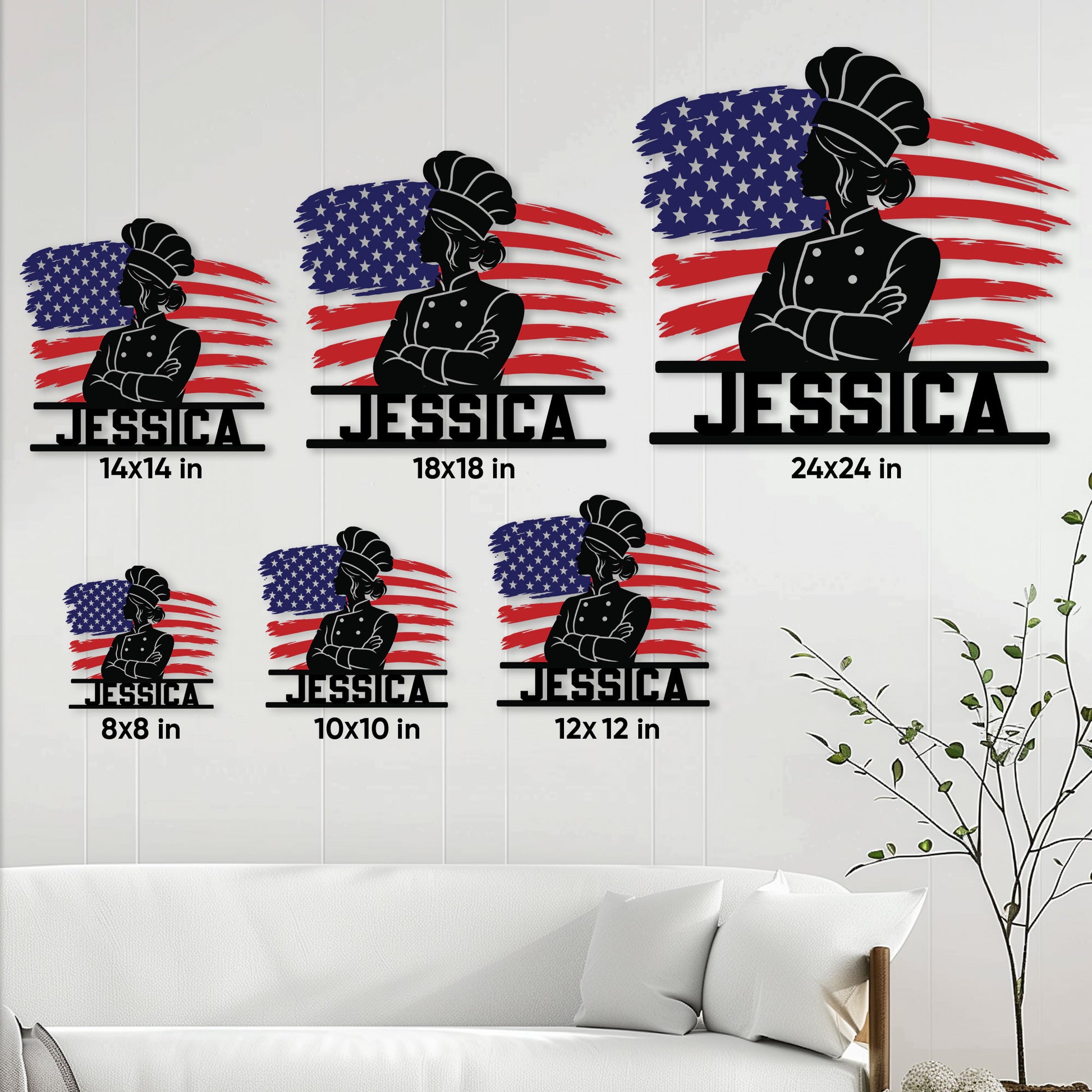 Chef metal sign size guide showing six available square dimensions in a room setting