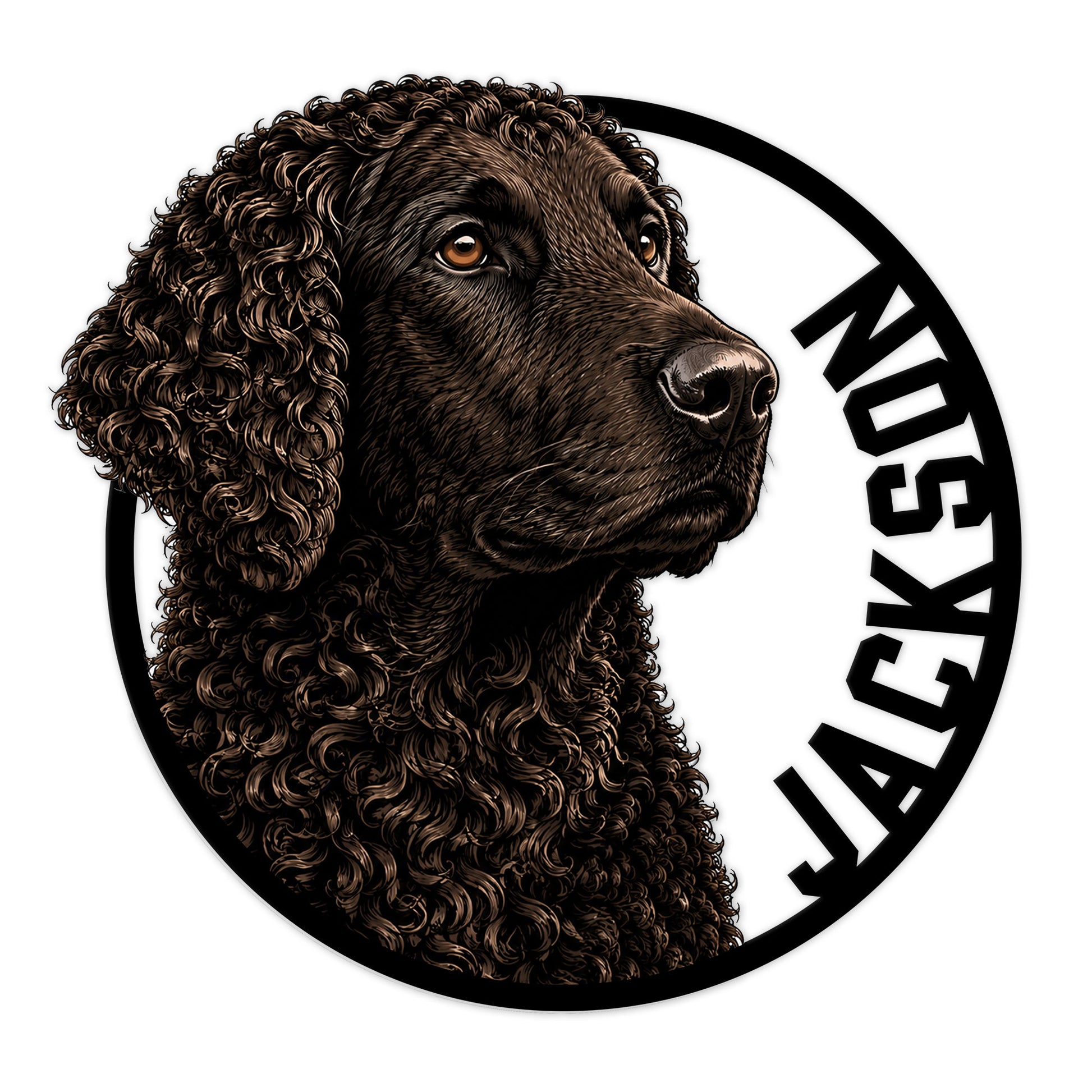 Curly-Coated Retriever portrait metal sign with a detailed curly coat and circular frame