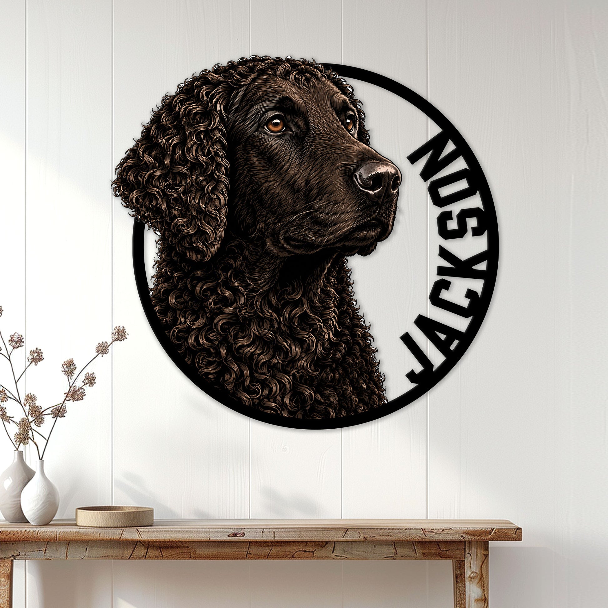 Curly-Coated Retriever metal wall sign displayed on a light paneled wall above a console table
