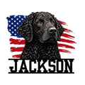 Curly-Coated Retriever metal sign featuring a detailed black dog portrait over a patriotic American flag design