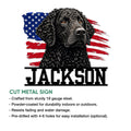 Curly-Coated Retriever cut metal sign feature graphic highlighting indoor and outdoor display options