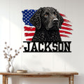 Curly-Coated Retriever metal wall sign displayed above a console table in a bright farmhouse-style entryway