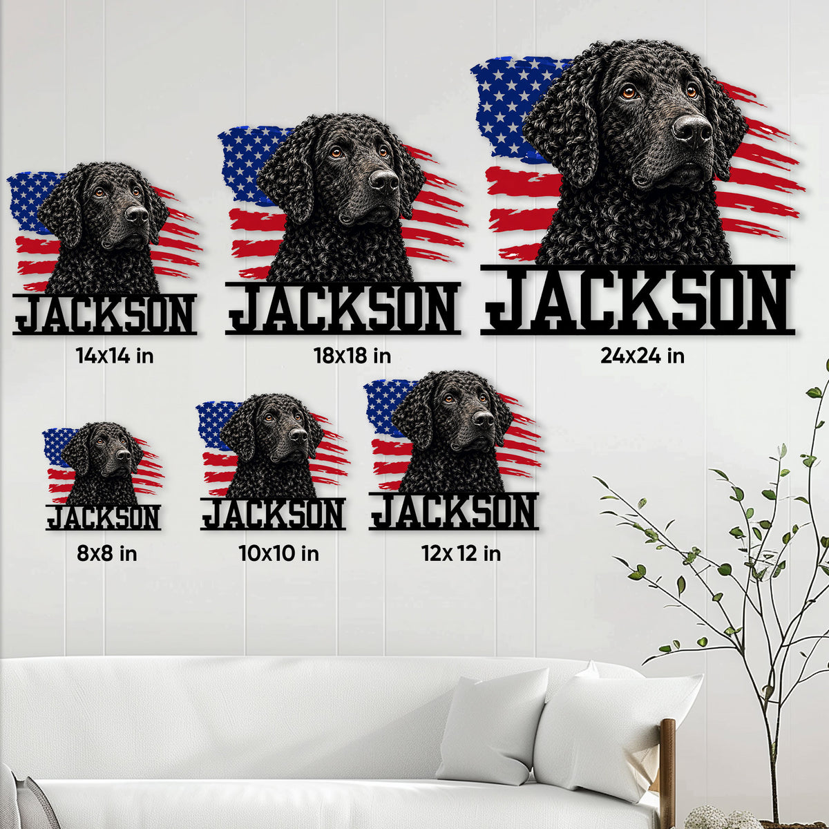 Curly-Coated Retriever metal sign size guide showing multiple square size options in a living room setting