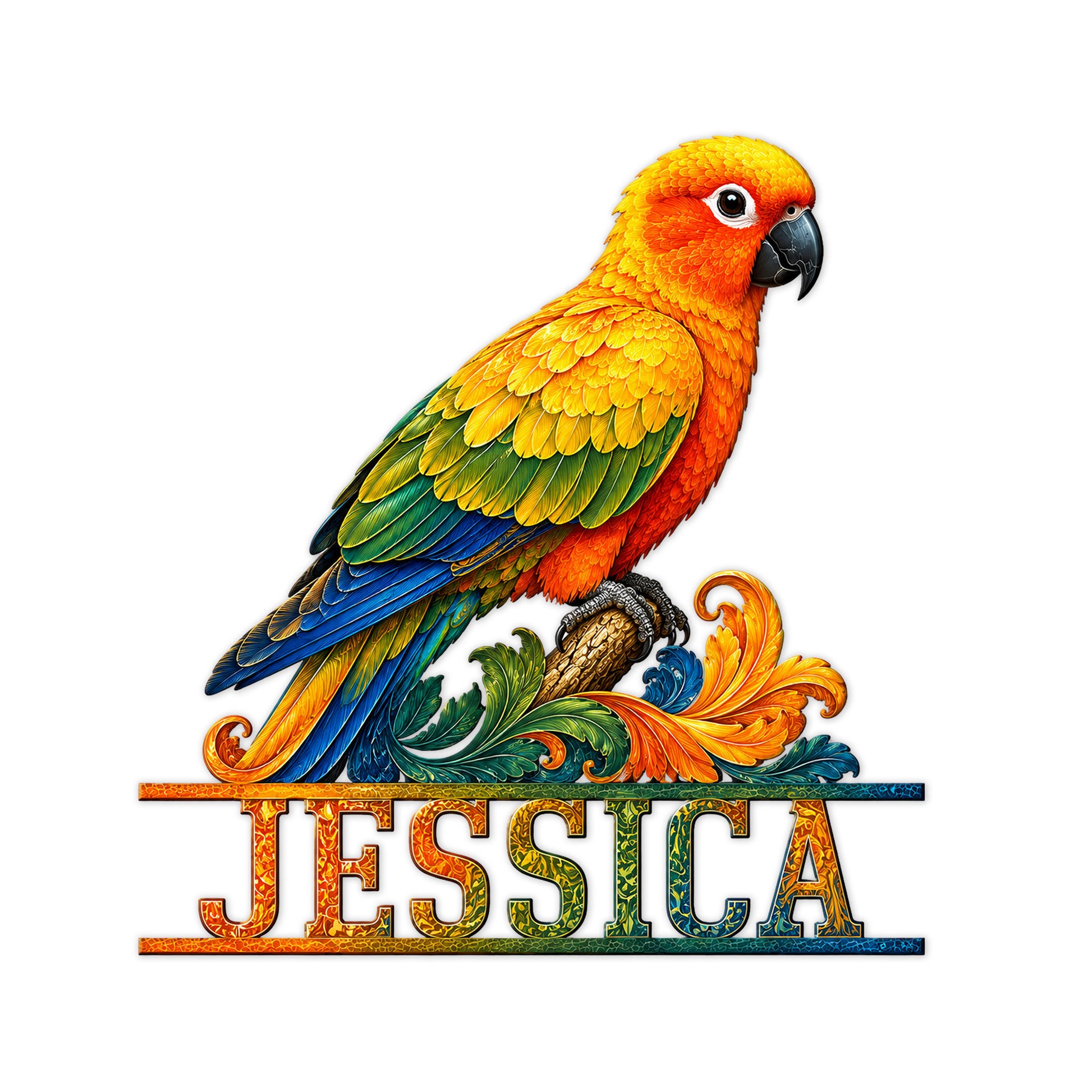 Vibrant conure perched on a branch with ornate botanical accents on a colorful metal sign