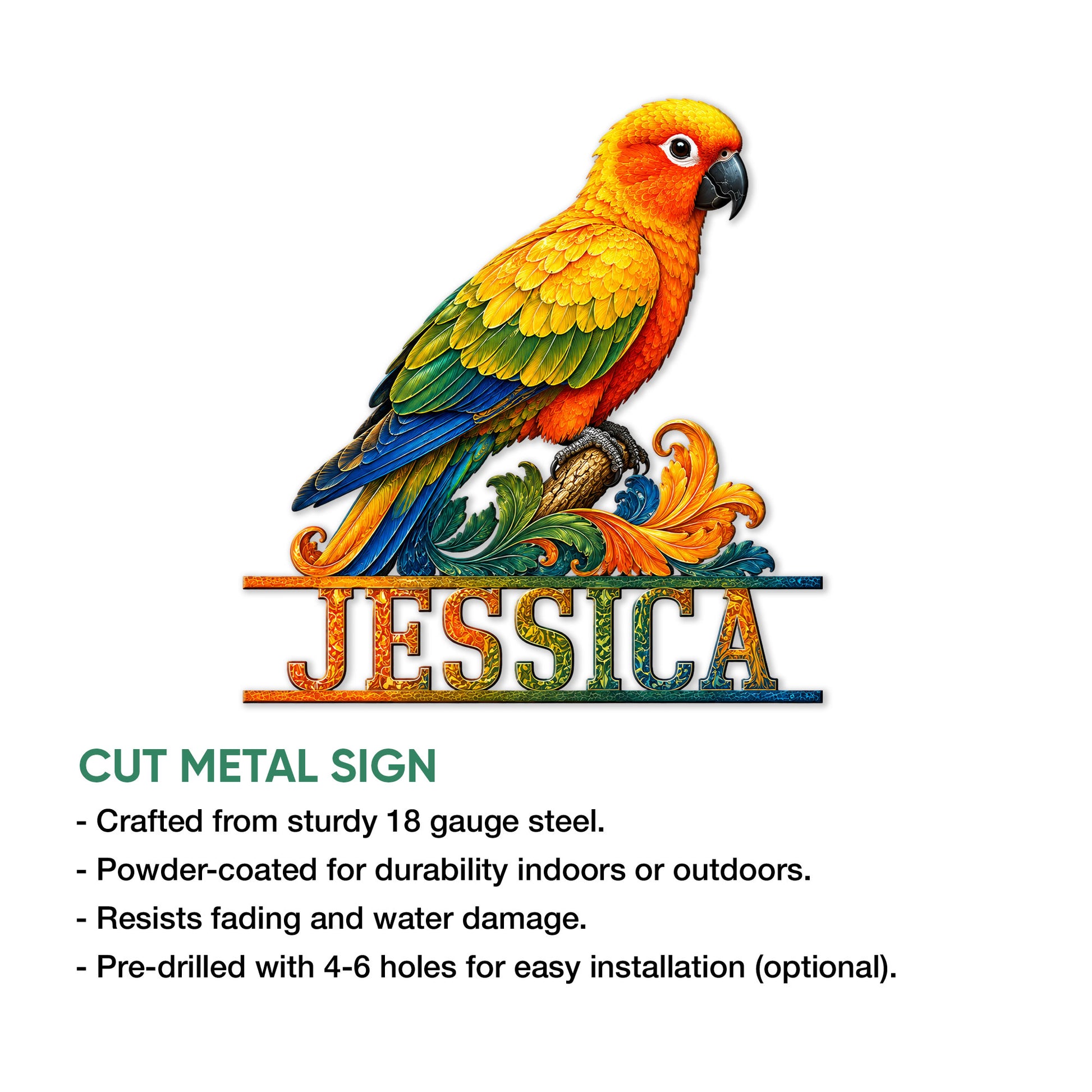 Colorful conure metal sign shown with cut-metal construction and indoor or outdoor display details