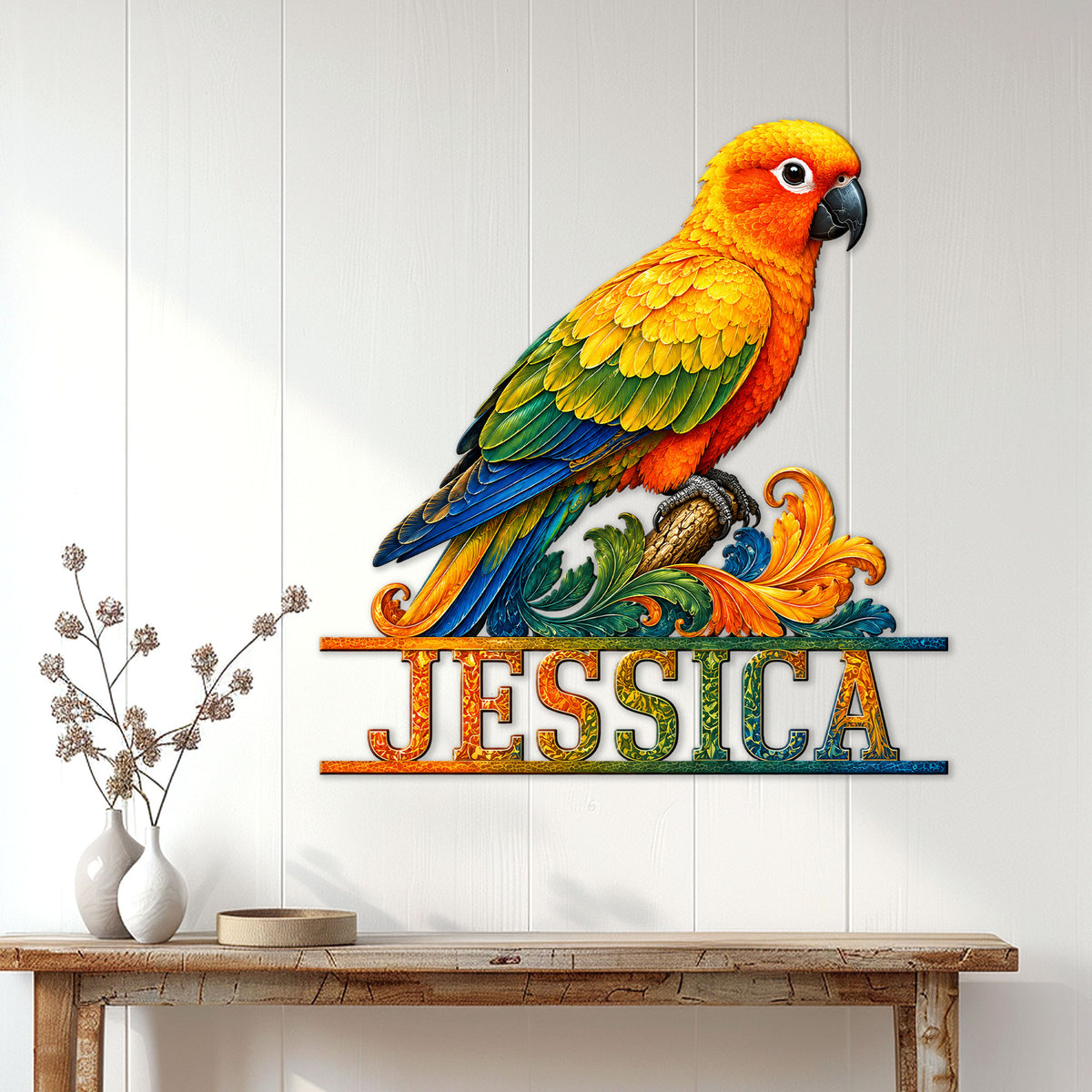 Colorful conure wall sign displayed above a console table in a bright home interior