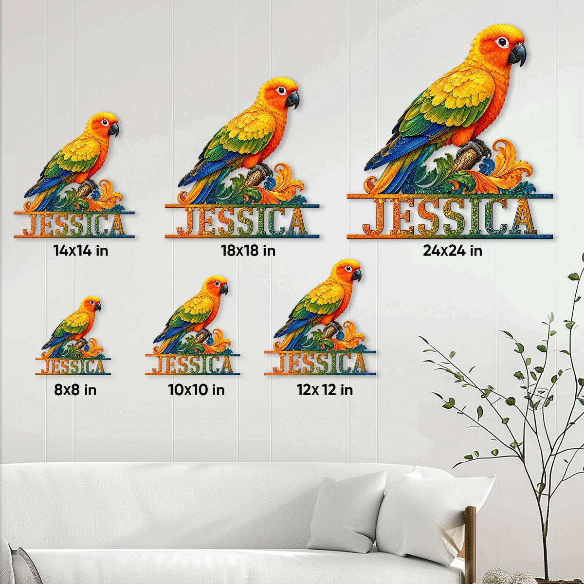 Conure metal sign size guide showing available dimensions from 8 by 8 to 24 by 24 inches