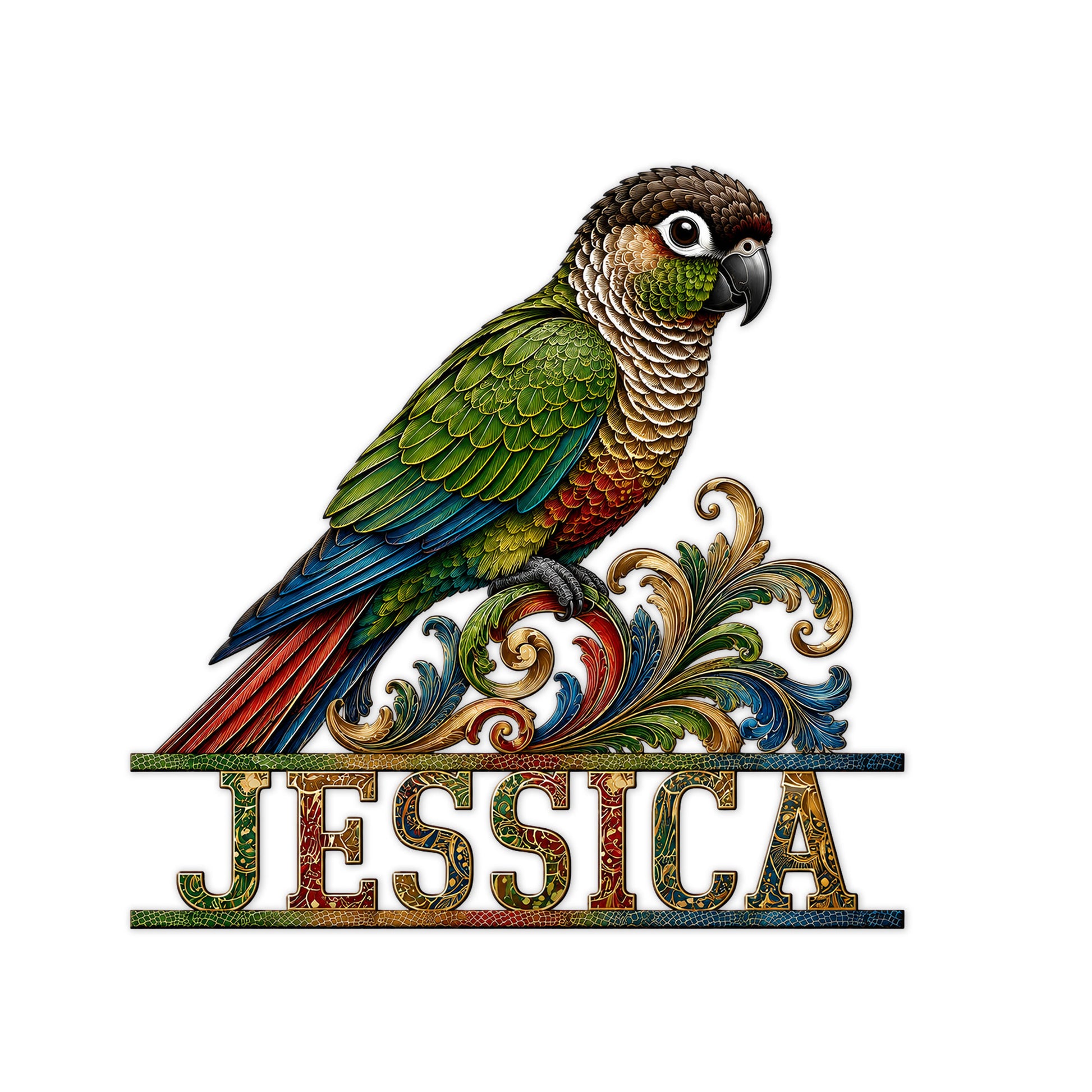 Colorful conure perched above ornate botanical scrollwork on a custom metal wall sign