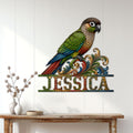 Colorful parrot wall sign displayed above a console table in a bright home interior