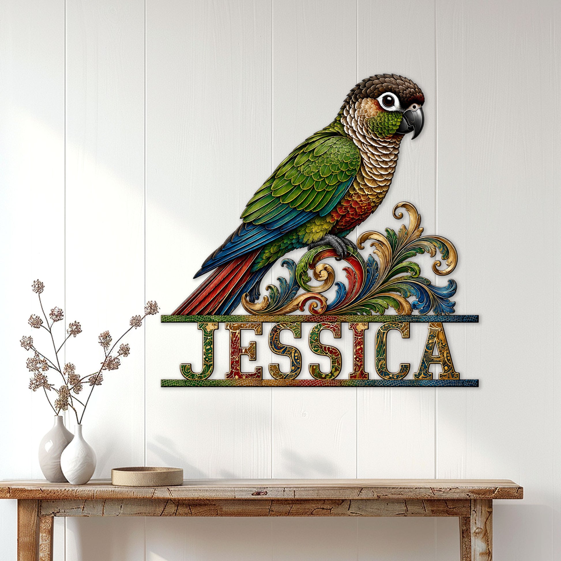 Colorful parrot wall sign displayed above a console table in a bright home interior