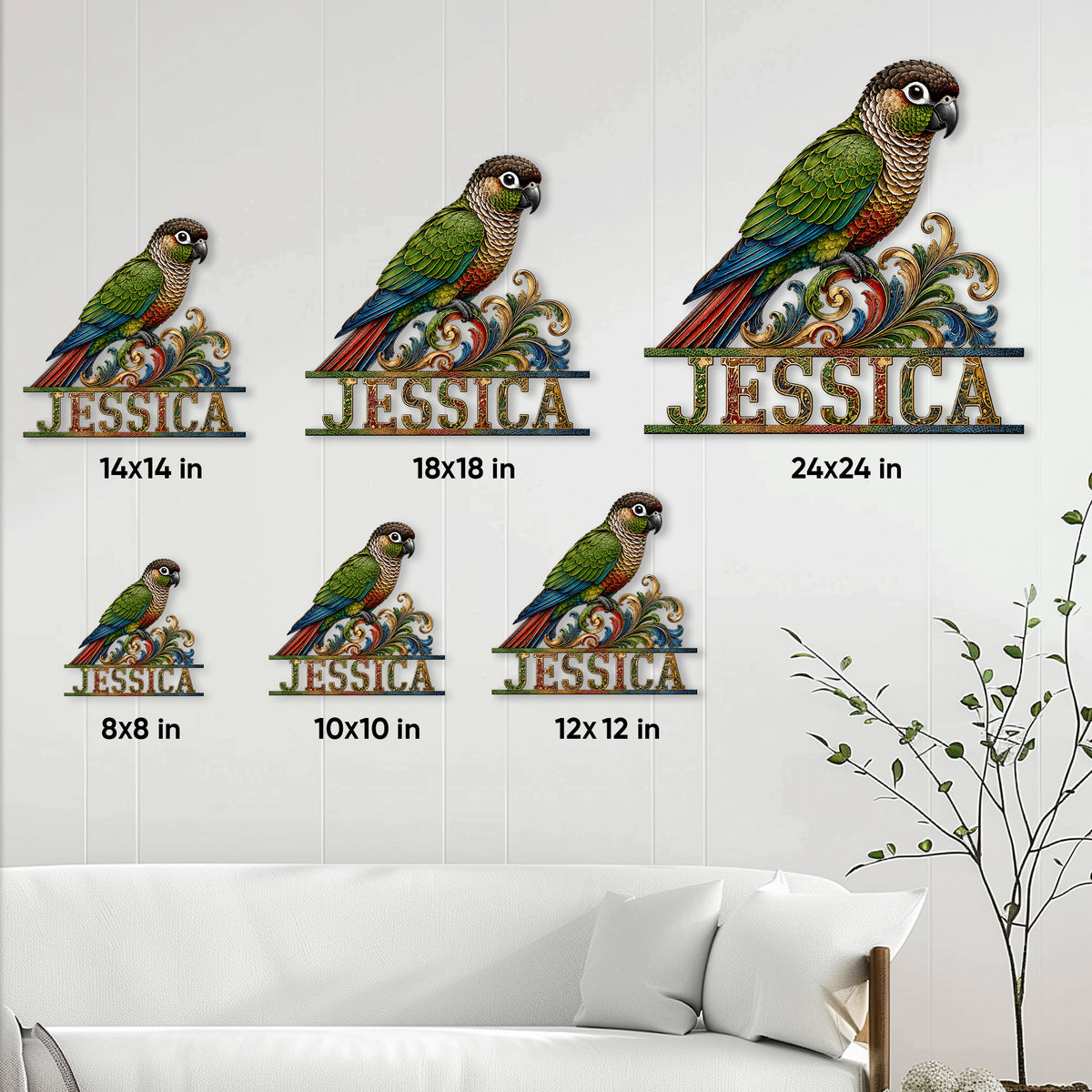 Conure metal sign size guide showing options from 8 by 8 inches to 24 by 24 inches