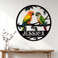 Round conure wall sign displayed on a bright paneled wall above a wooden console table