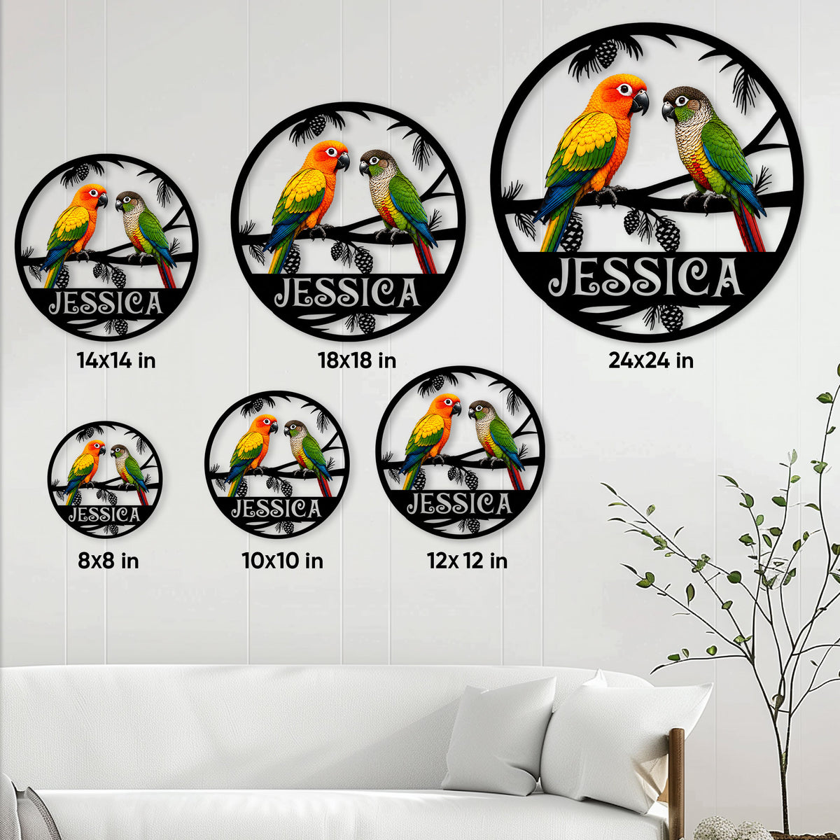 Conure metal sign size guide showing round designs in 8, 10, 12, 14, 18, and 24 inch sizes