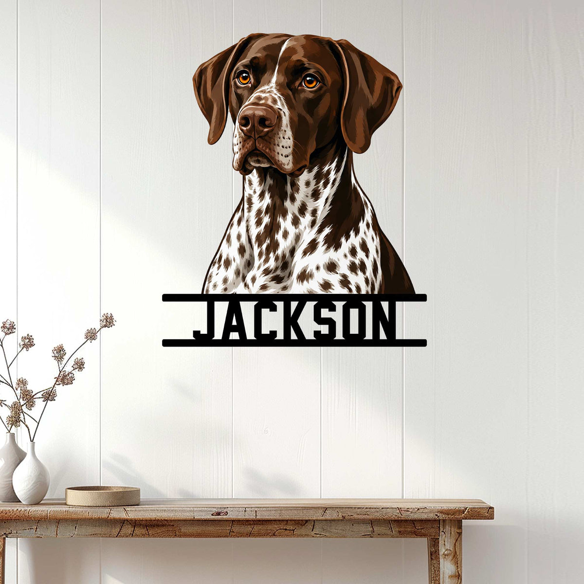 German Shorthaired Pointer wall sign displayed on a white paneled wall above a console table