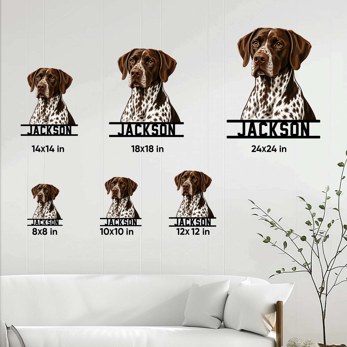 German Shorthaired Pointer metal sign size guide showing available square dimensions from 8 to 24 inches